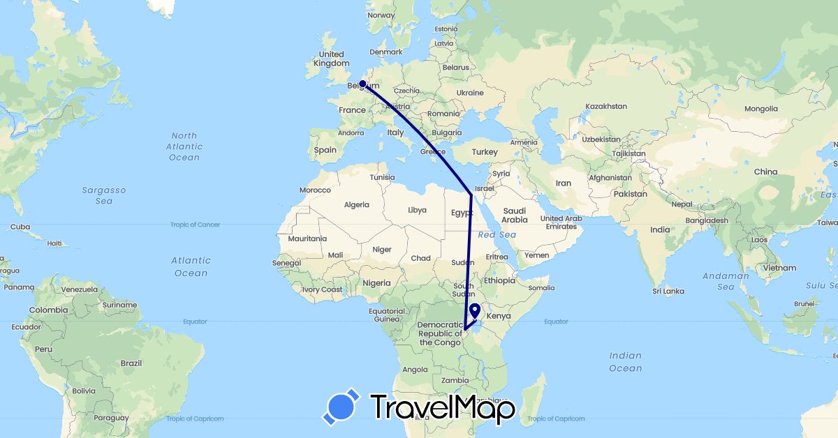 TravelMap itinerary: driving in Belgium, Egypt, Rwanda, Uganda (Africa, Europe)